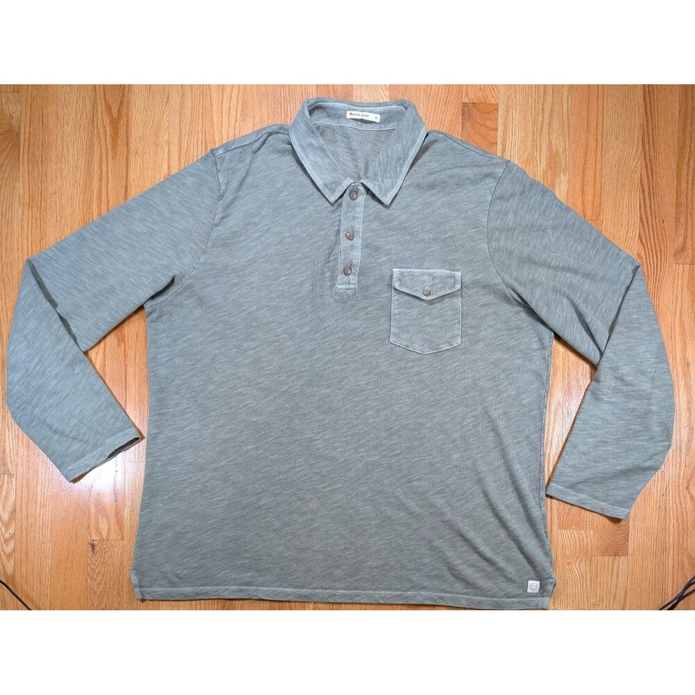 Marine Layer Mens Heavy Slubbed Polo Forged Sage Cotton Long Sleeve Pocket Sz XL